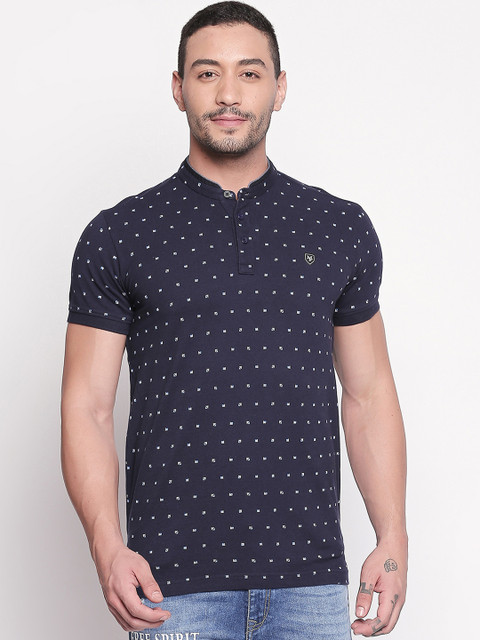 

Mufti Men Navy Blue White Printed Mandarin Collar Pure Cotton T-shirt