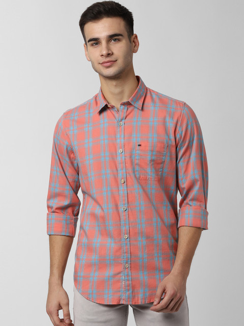 

Peter England Casuals Men Peach-Coloured & Blue Slim Fit Checked Casual Shirt