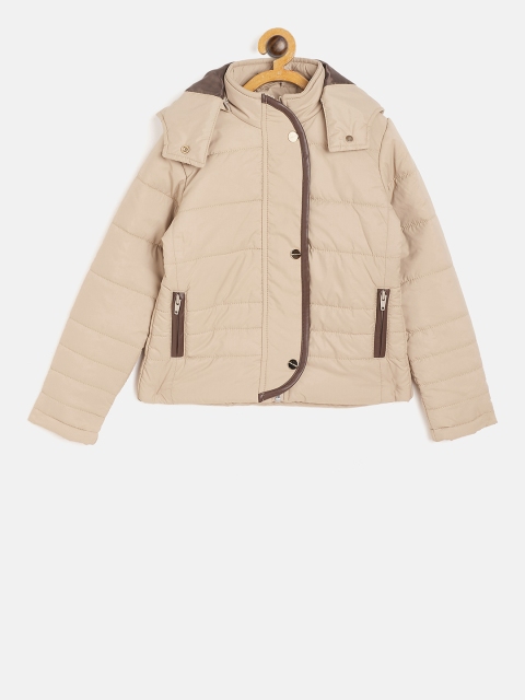 Okane Girls Beige Solid Padded Jacket