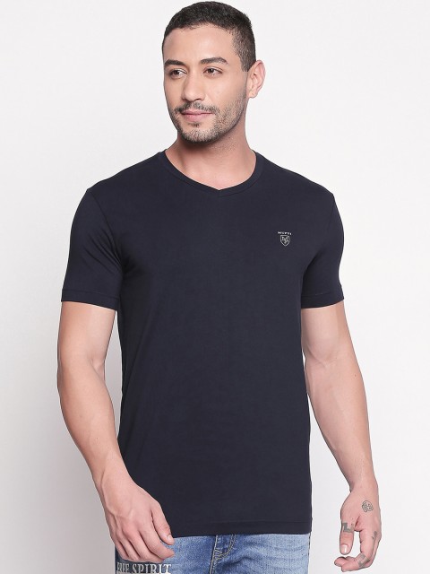 

Mufti Men Navy Blue Solid Slim Fit V-Neck T-shirt
