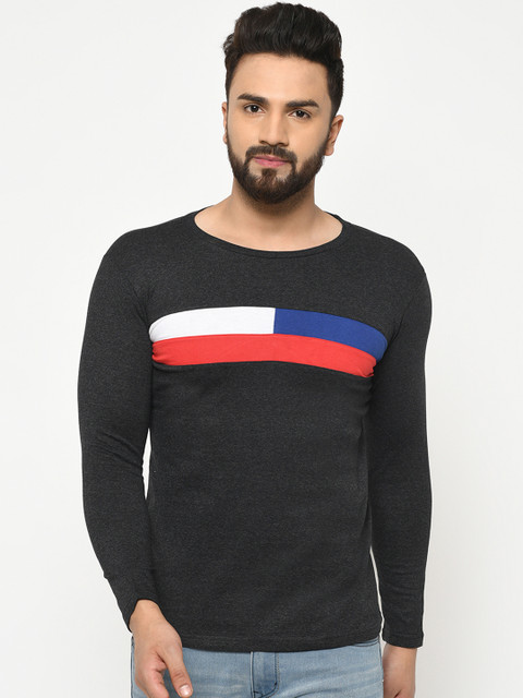 

oneliner Men Black & Red Striped Round Neck T-shirt
