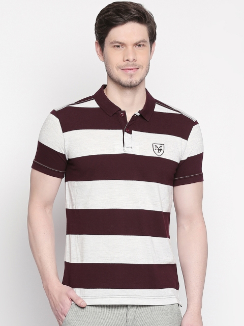 

Mufti Men Off-White & Maroon Slim Fit Striped Polo Collar T-shirt