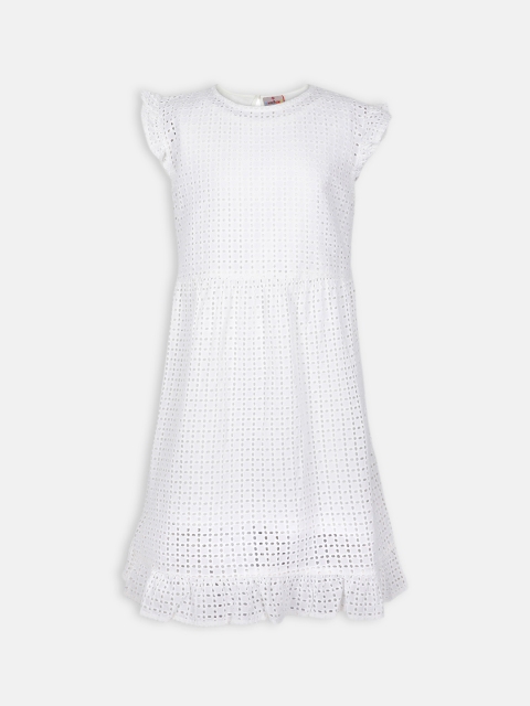 

Oxolloxo Girls White Schiffli Self Design Fit and Flare Dress