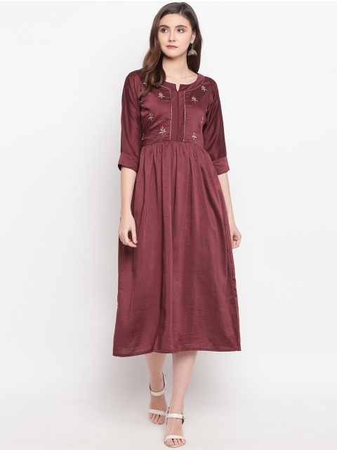 

Kvsfab Women Burgundy Embroidered Fit and Flare Dress
