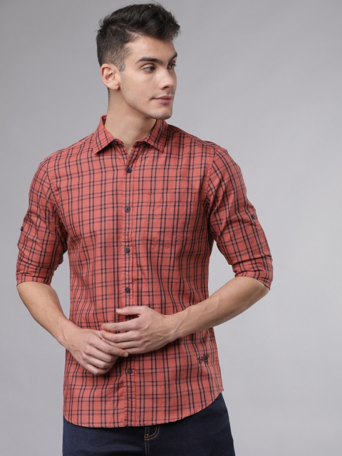 

Ecko Unltd Men Rust Red & Navy Blue Slim Fit Checked Casual Shirt