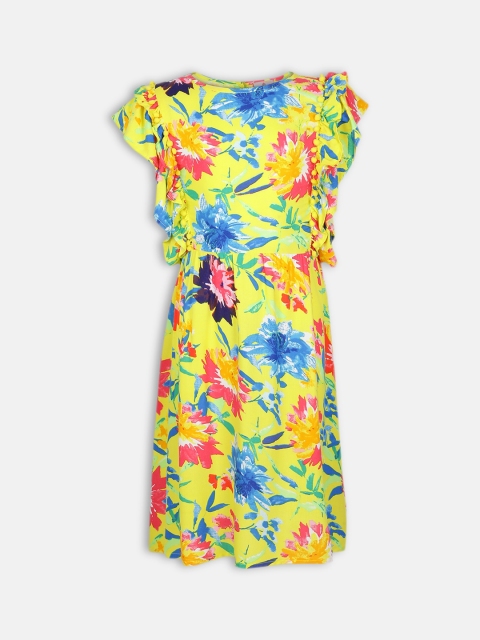 Oxolloxo Girls Yellow Tropical Printed Fit and Flare Dress