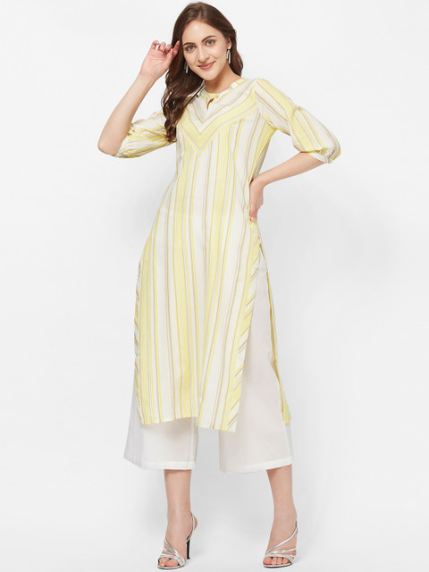 

breya Women Cream-Coloured & Yellow Striped Straight Kurta