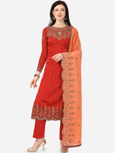 

Stylee LIFESTYLE Maroon & Golden Satin Finish Embroidered Unstitched Dress Material
