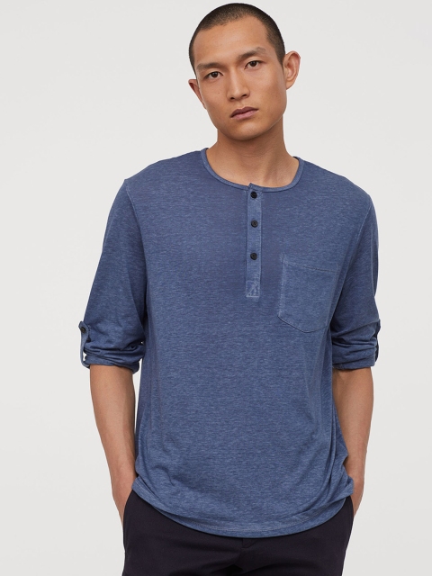 

H&M Men Blue Solid Slub Jersey Henley Shirt