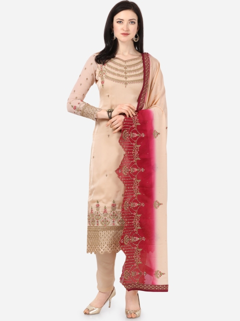 

Stylee LIFESTYLE Peach-Coloured & Golden Satin Finish Unstitched Dress Material