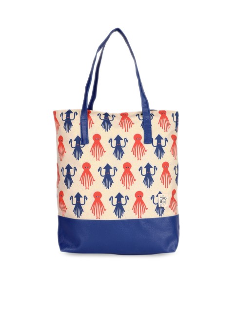 

FUKURO Beige & Navy Blue Printed Tote Bag