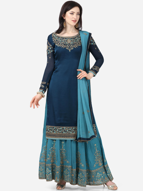 

Stylee LIFESTYLE Blue & Golden Satin Finish Embroidered Semi-Stitched Dress Material