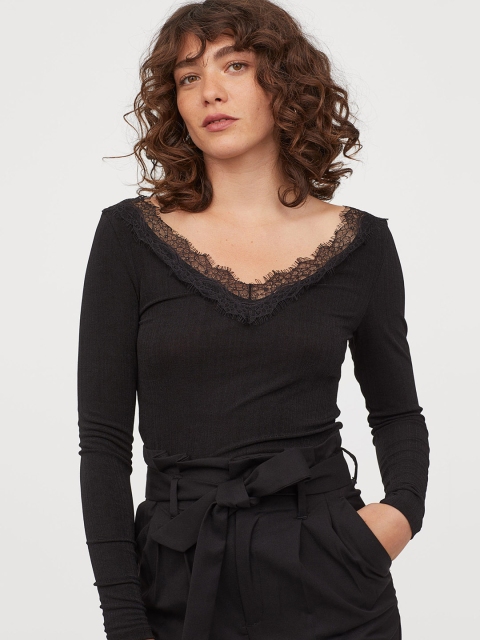 

H&M Women Black Solid Top With Lace Details