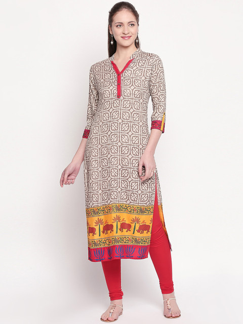 

ZRI Women Off-White & Brown Printed Straight Kurta