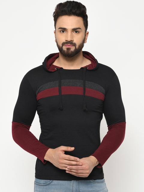 

oneliner Men Black & Red Striped Hood T-shirt