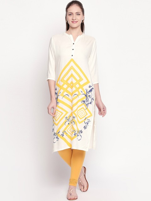 

ZRI Women Yellow & White Printed Straight Kurta