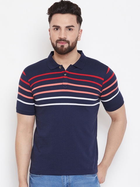 

Austin wood Men Navy Blue Striped Polo Collar T-shirt