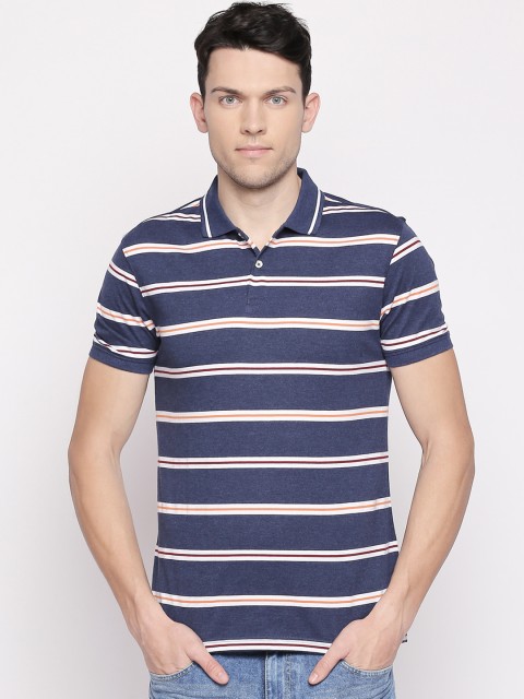 

BYFORD by Pantaloons Men Navy Blue & White Striped Polo Collar T-shirt