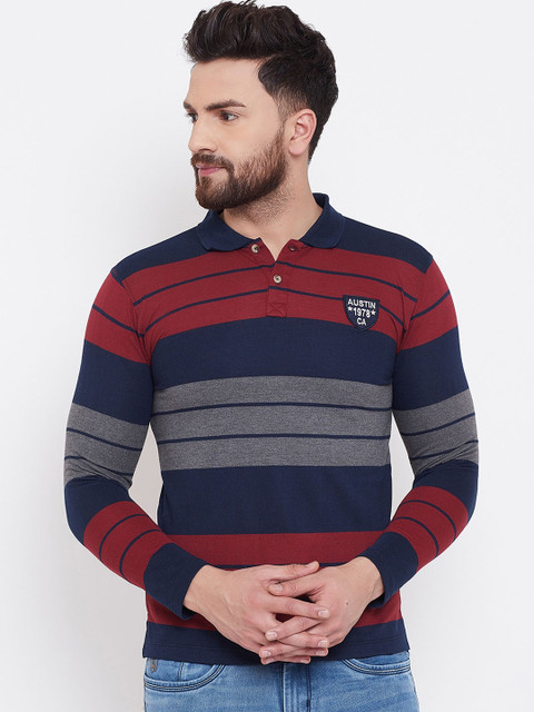 

Austin wood Men Navy Blue Striped Polo Collar T-shirt