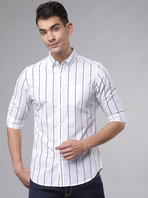 

Ecko Unltd Men White & Navy Blue Slim Fit Striped Casual Shirt