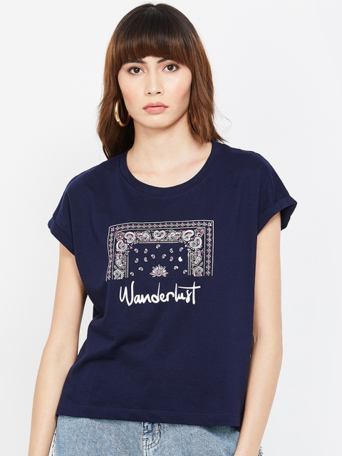 

Fame Forever by Lifestyle Women Navy Blue Printed Pure Cotton Top