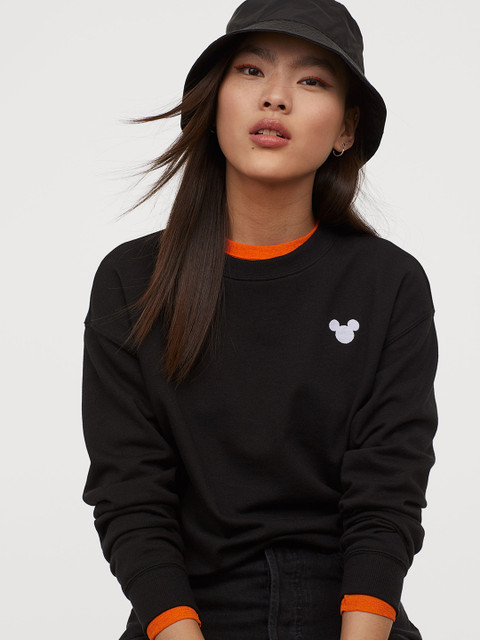 

H&M Women Black Sweatshirt with Embroidery
