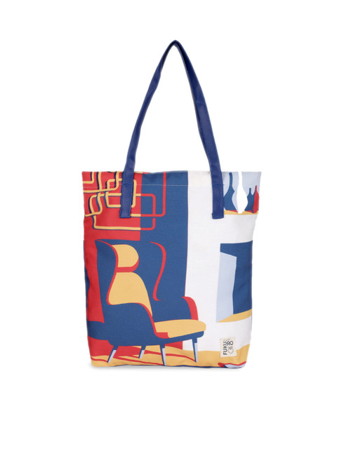 

FUKURO Navy Blue & Red Printed Tote Bag