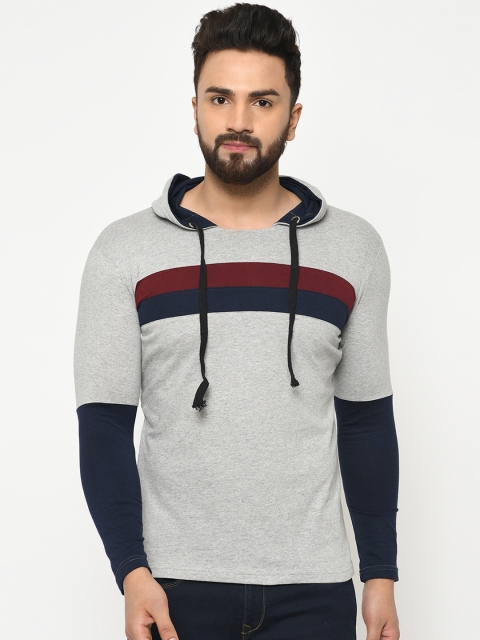 

oneliner Men Grey & Black Striped Hood T-shirt