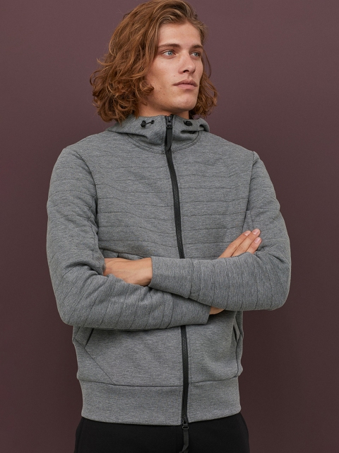 H&M Men Grey Solid Hooded Sports Jacket