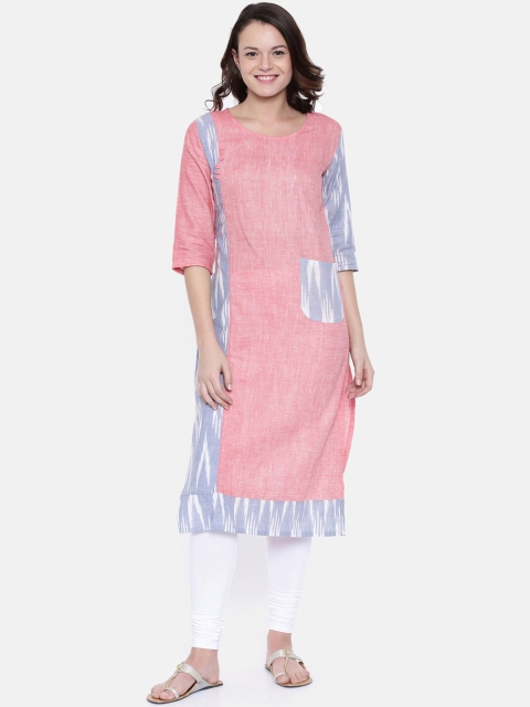 

Rasada Women Pink & Blue Ikat Printed Straight Kurta
