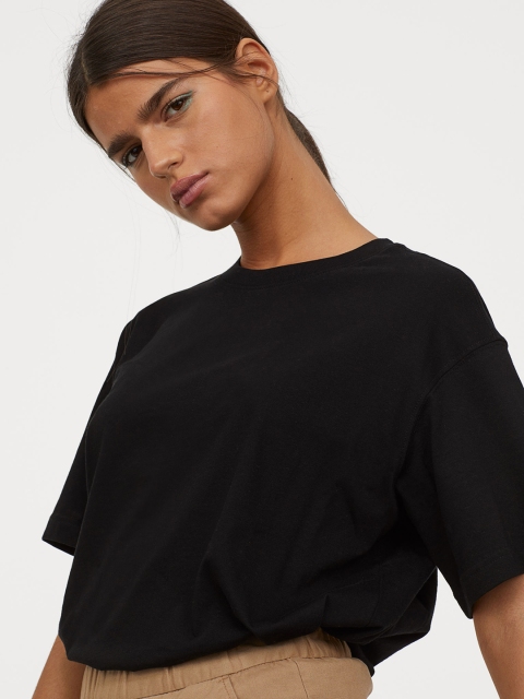

H&M Women Black Wide Cotton T-shirt