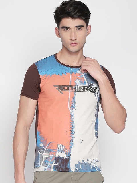 

ZIDO Men Brown & Coral Orange Printed Round Neck T-shirt