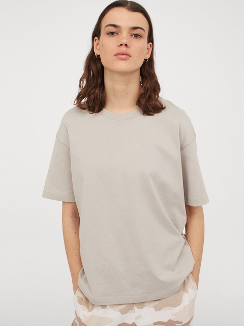 

H&M Women Biege Solid Wide Cotton T-shirt, Beige