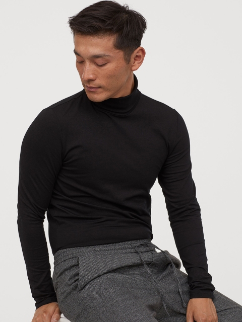 

H&M Men Black Solid Polo-Neck Top Muscle Fit