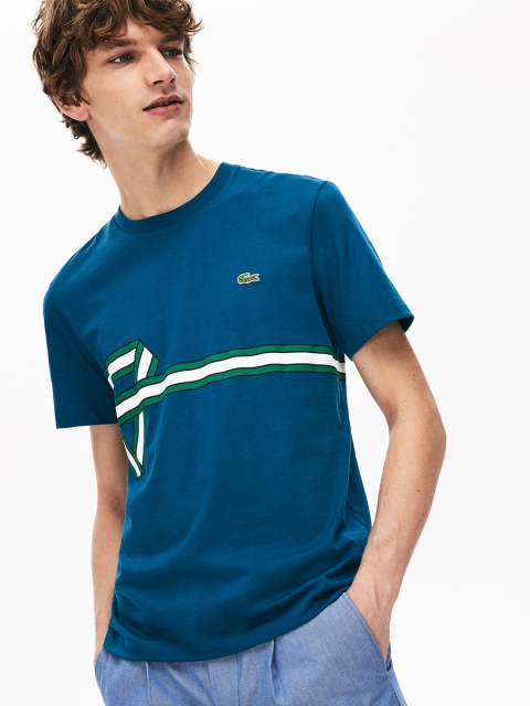 Lacoste Men Blue Stripe Print Crew Neck T-shirt