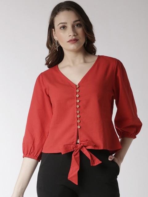 

De Moza Women Red Solid Pure Cotton Top with Tie-Up Hem