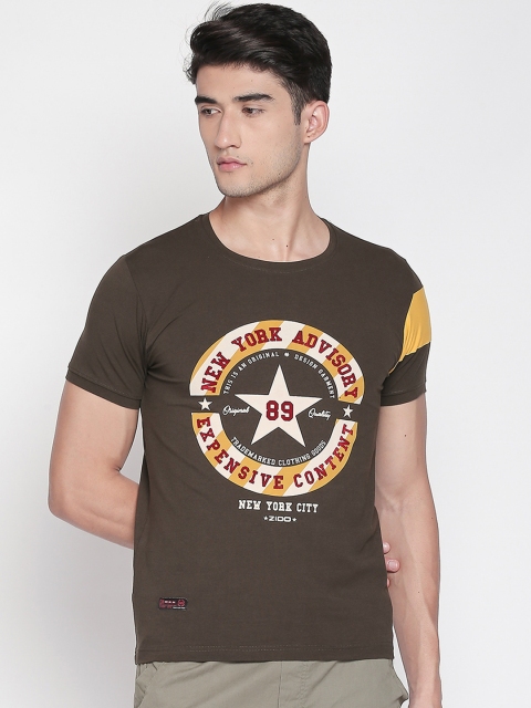 

ZIDO Men Olive Green Printed Round Neck T-shirt