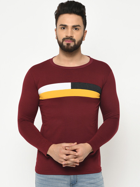 

oneliner Men Maroon Striped Round Neck T-shirt