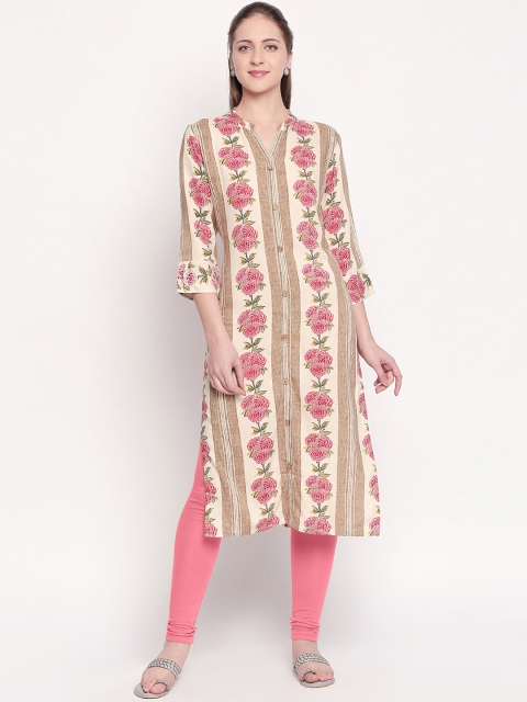 

ZRI Women Cream-Coloured & Khaki Brown Floral Printed A-Line Kurta