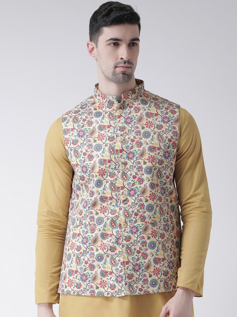 TABARD Men Cream-Coloured & Red Printed Woven Pure Cotton Nehru Jacket