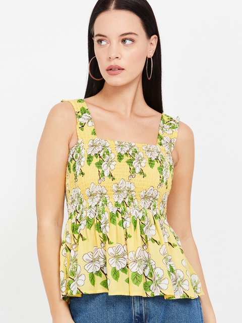 

Ginger by Lifestyle Women Yellow & Green Floral Print Smocked Peplum Top