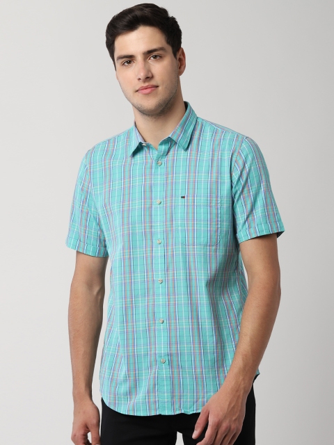 

Peter England Casuals Men Blue & Orange Slim Fit Checked Casual Shirt