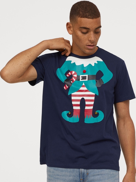 

H&M Men Navy Blue & Teal Green Printed T-shirt