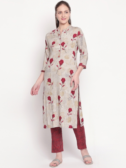 

ZRI Women Grey & Red Printed Kurta with Trousers