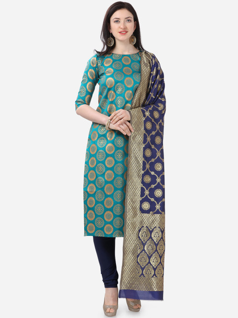 

Kvsfab Sea Green & Navy Blue Woven Design Unstitched Dress Material