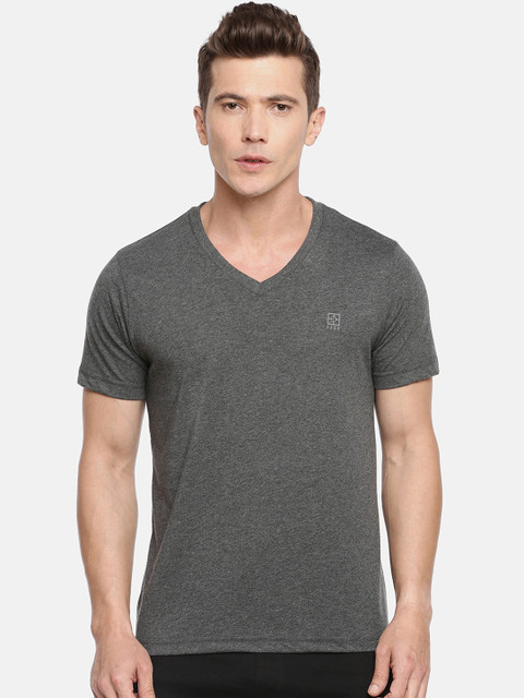 

F A S O Men Charcoal Grey Solid V-Neck T-shirt
