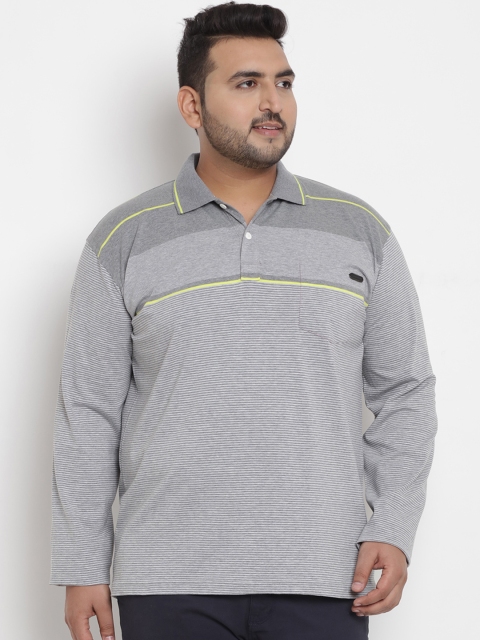 

John Pride Plus Size Men Grey Striped Stretchable Polo Collar T-shirt