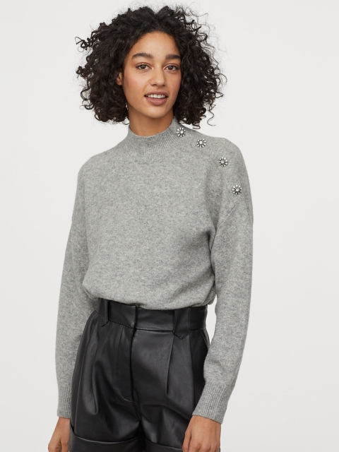 

H&M Women Grey Solid Jumper with Sparkly Stones