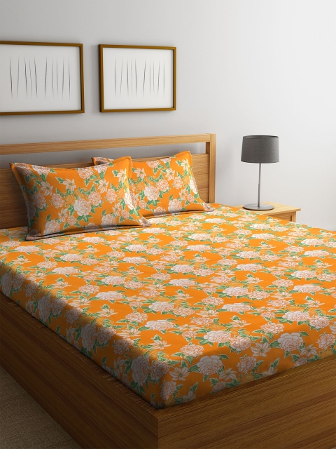 

MAFATLAL Mustard Yellow & Green Floral 144 TC Cotton 1 King Bedsheet with 2 Pillow Covers