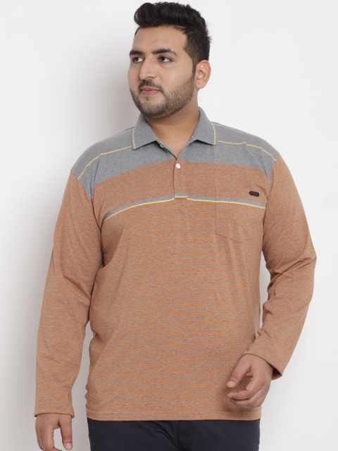 

John Pride Plus Size Men Orange Grey Striped Stretchable Polo Collar T-shirt